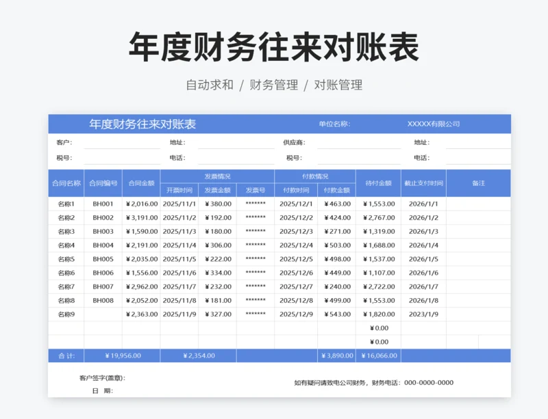 年度财务往来对账表