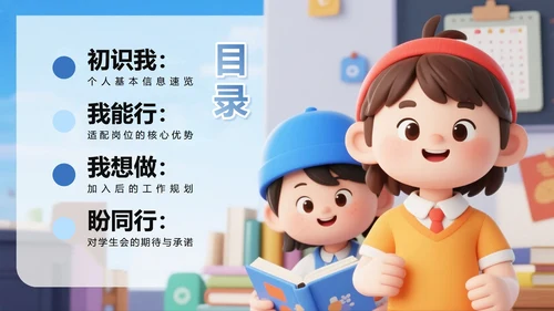 蓝色简约清新3D卡通风校园学生会自我介绍PPT模板