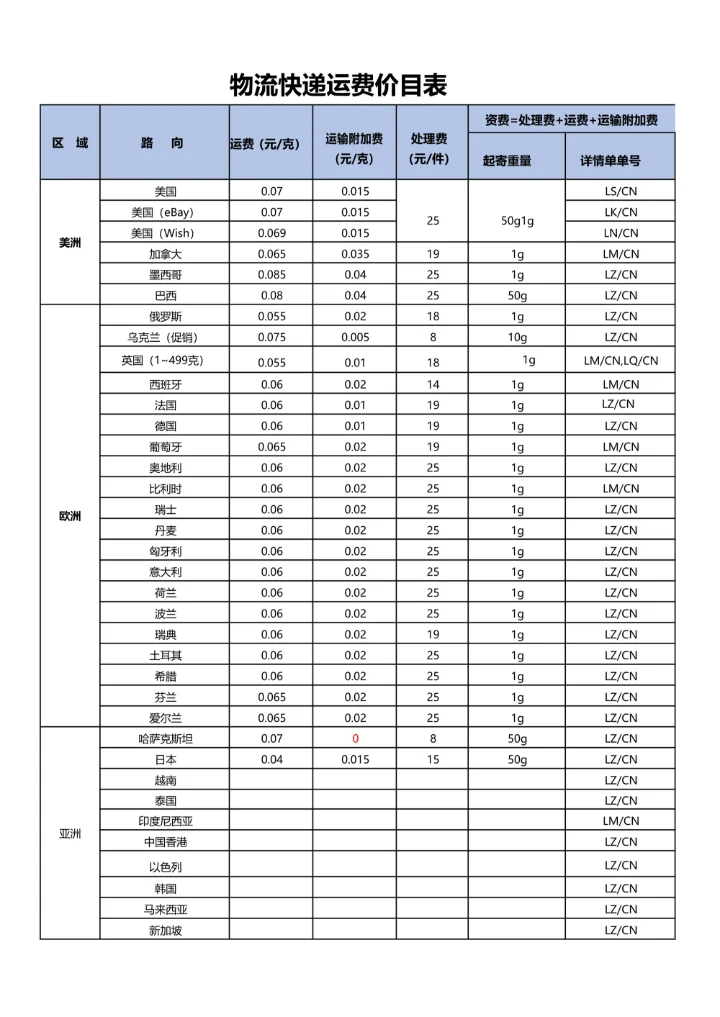 物流快递运费价目表