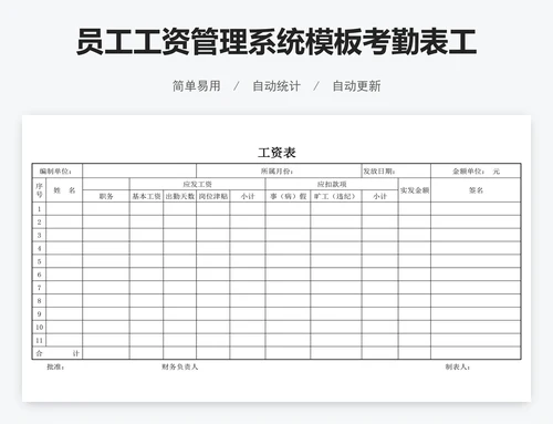 员工工资管理系统模板考勤表工资表模版