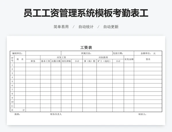 员工工资管理系统模板考勤表工资表模版