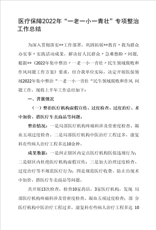 医疗保障2022年“一老一小一青壮专项整治工作总结