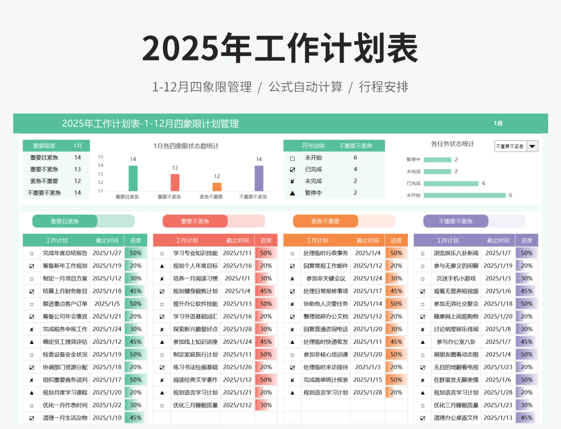 2025年工作计划表-1-12月四象限计划管理