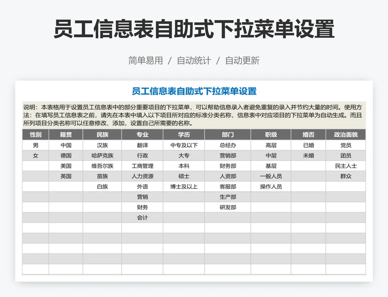 员工信息表自助式下拉菜单设置