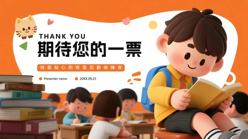 橙色3D卡通风班级班干部竞选生活委员竞选PPT模板