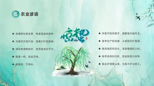 绿色鎏金风中国二十四节气之一惊蛰节气介绍PPT