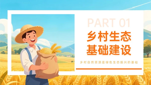 橙黄色插画风乡村绿色生态筑基振兴PPT主题模板