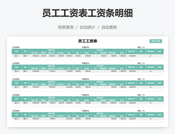 员工工资表工资条明细