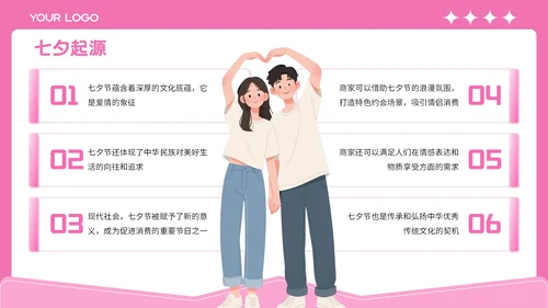 粉色插画风格七夕缘起浪漫之约PPT模板