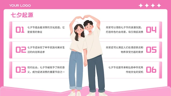 粉色插画风格七夕缘起浪漫之约PPT模板