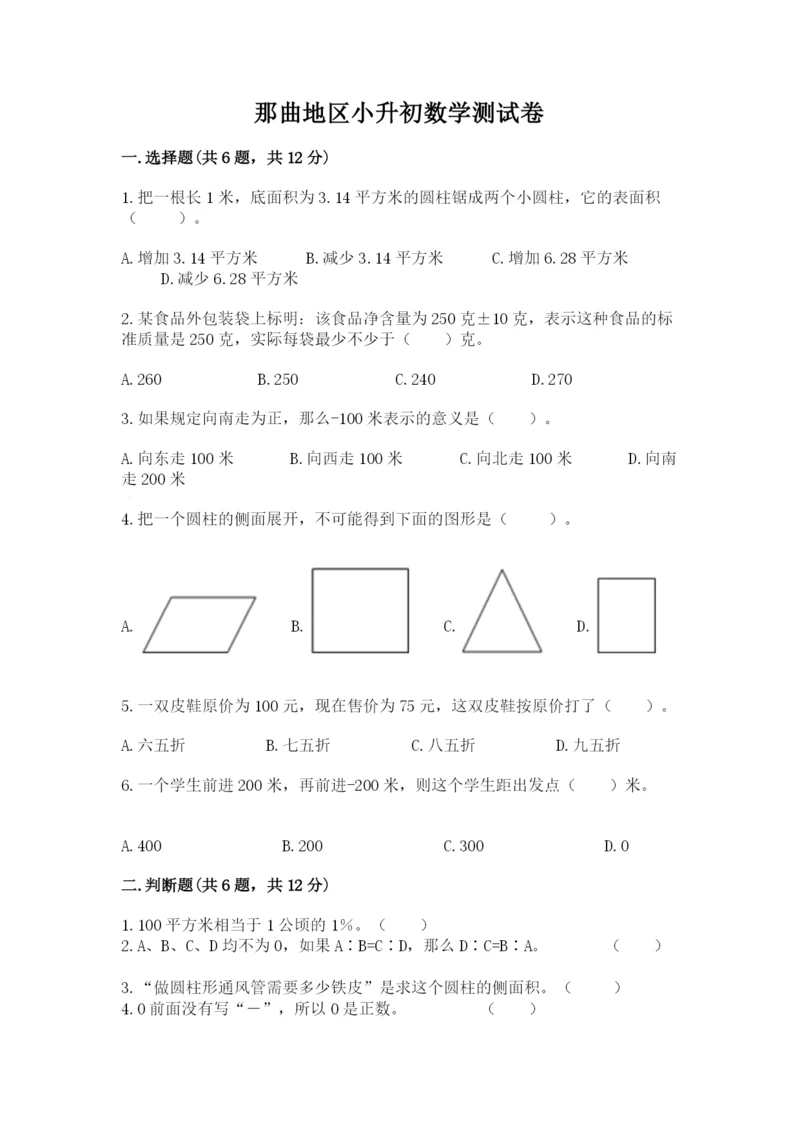 那曲地区小升初数学测试卷最新.docx