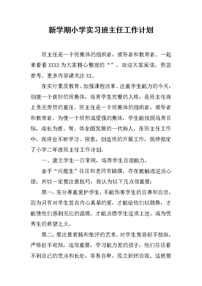 新学期小学实习班主任工作计划