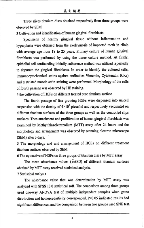 纯钛表面不同处理对人牙龈成纤维细胞增殖的影响口腔临床医学专业毕业论文