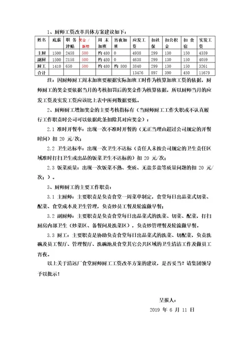 关于食堂厨师厨工工资改革方案建议