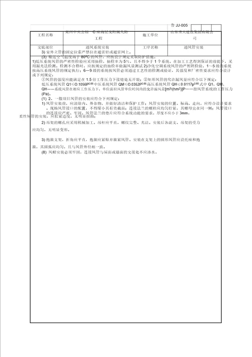 通风管道安装工程技术交底记录