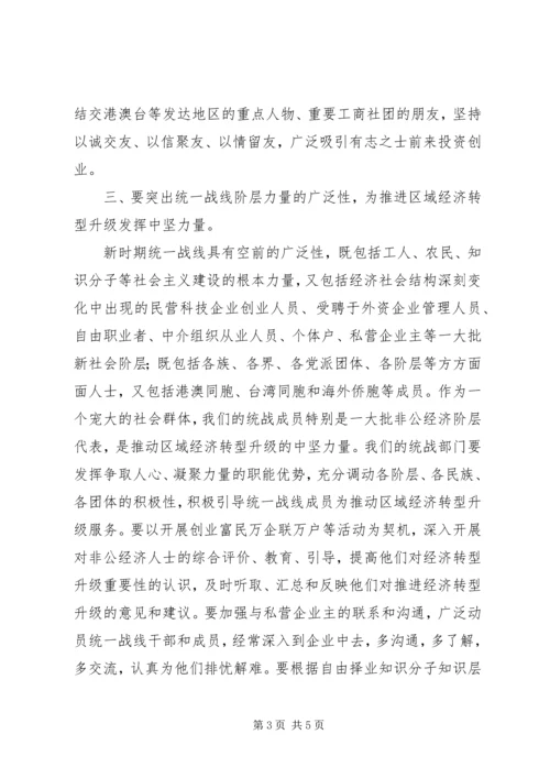 发挥统一战线优势和作用为区域经济转型升级服务会议讲话.docx