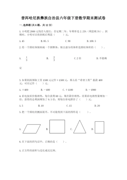 普洱哈尼族彝族自治县六年级下册数学期末测试卷完整答案.docx