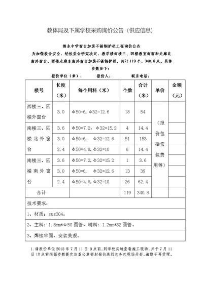 教体局及下属学校采购询价公告（供应信息）