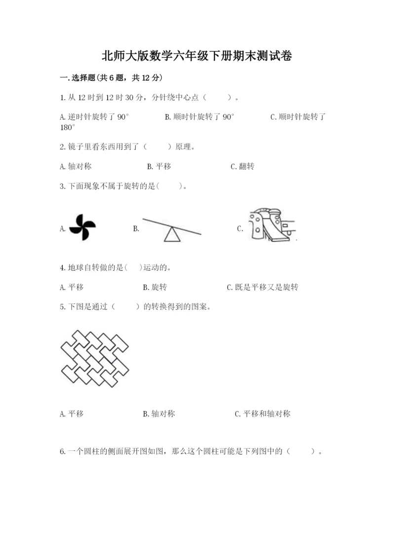 北师大版数学六年级下册期末测试卷附参考答案（夺分金卷）.docx