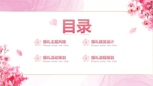 清新梦幻粉色花卉浪漫宴会西式婚礼策划PPT模板