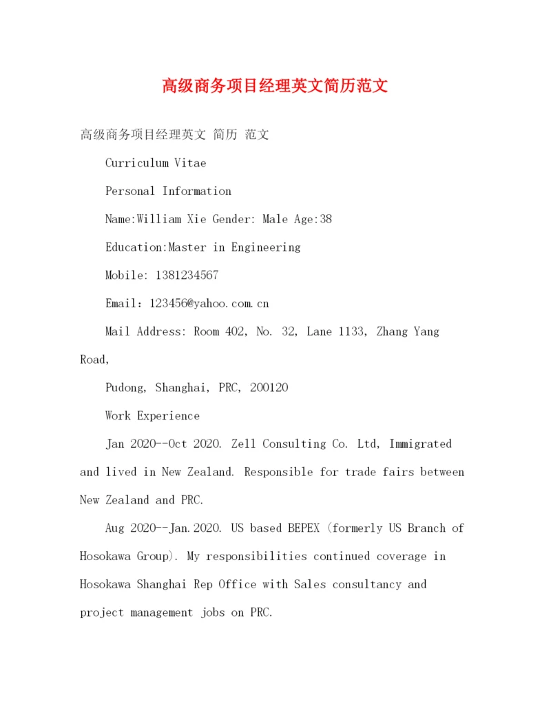 精编之高级商务项目经理英文简历范文2.docx