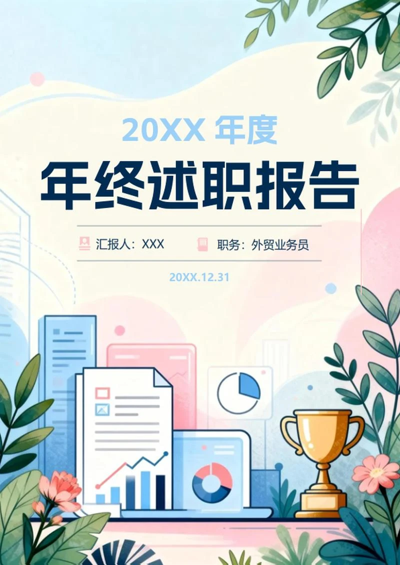 蓝粉色清新插画风年终总结述职汇报