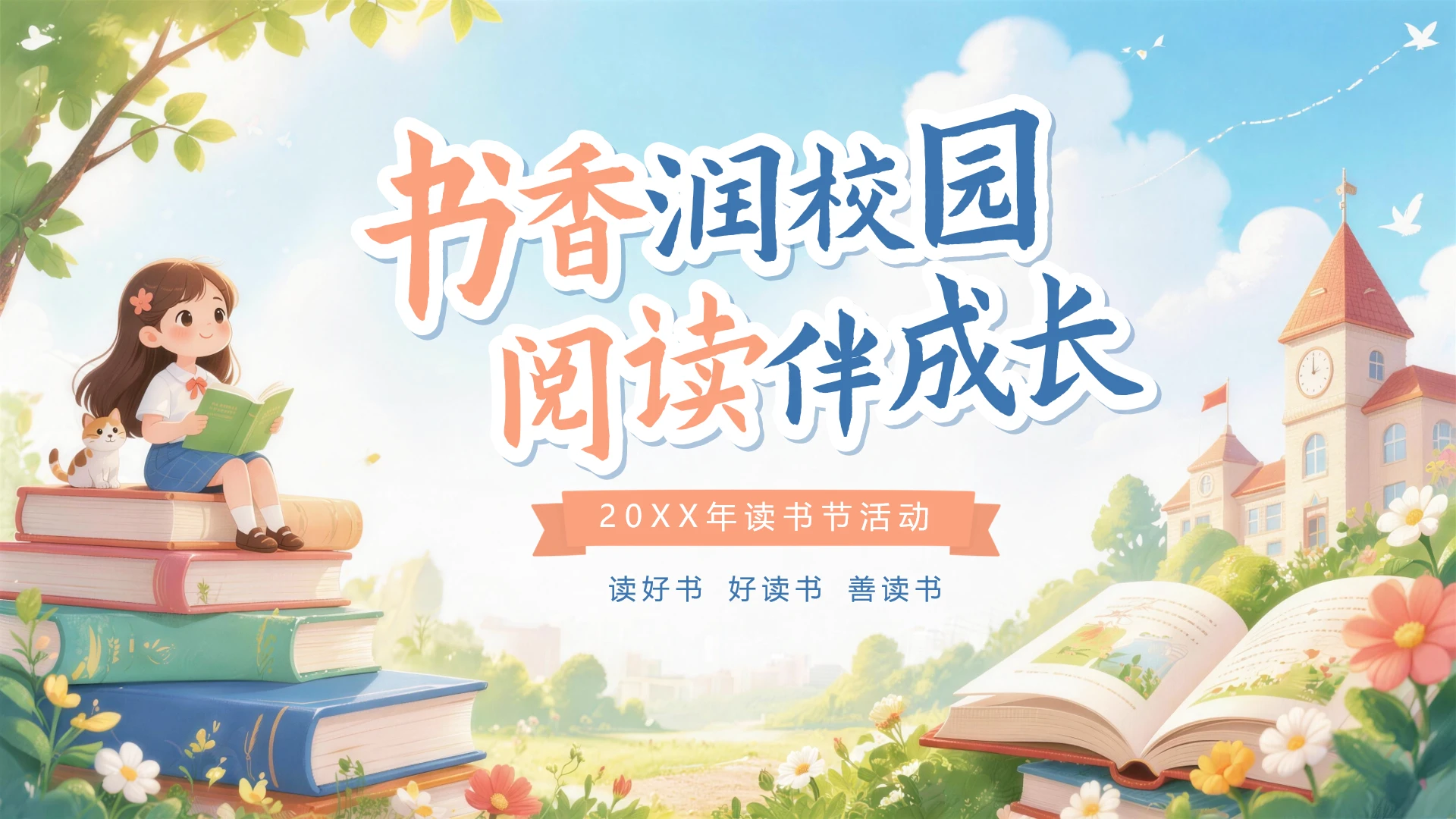 彩色卡通风女孩学校读书节活动封面页