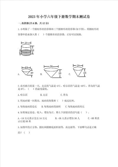 2023年小学六年级下册数学期末测试卷精品网校专用