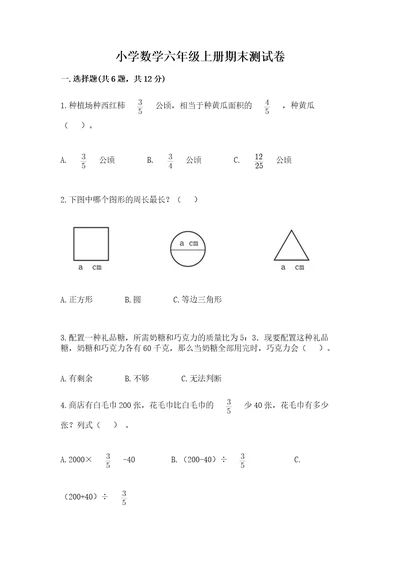 小学数学六年级上册期末测试卷及参考答案（满分必刷）