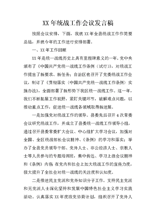 XX年统战工作会议发言稿