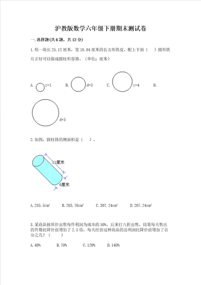 沪教版数学六年级下册期末测试卷b卷word版