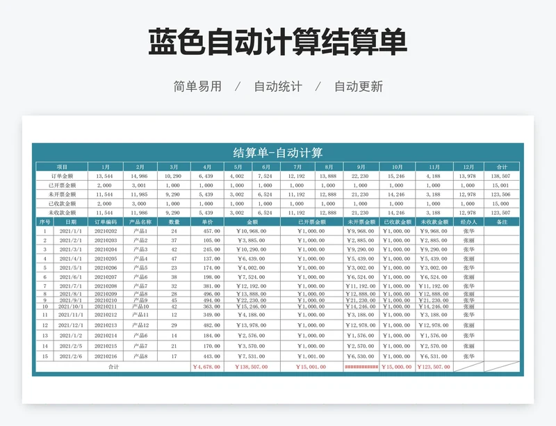 蓝色自动计算结算单
