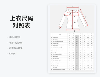 英文上衣尺码对照表