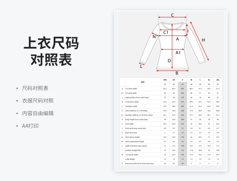 英文上衣尺码对照表