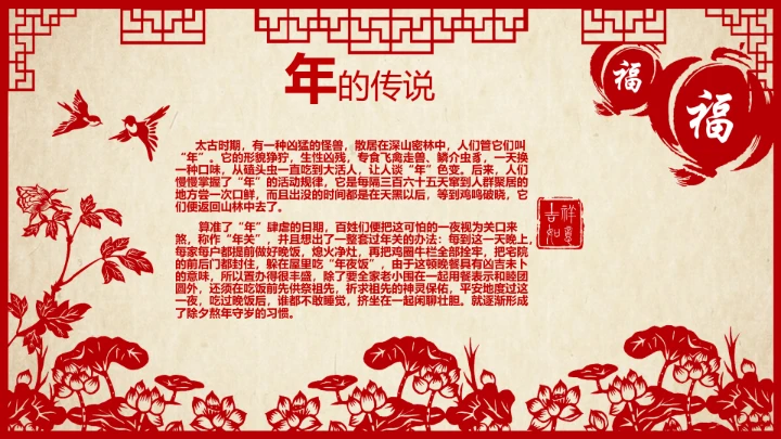 剪纸风春节习俗文化介绍PPT模板