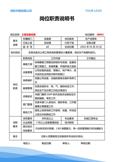 岗位职责说明书（工程设备经理）