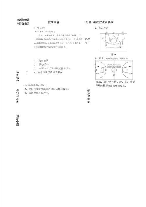 府学苑中学七年级2017学年第一学期体育篮球课教案第十周快攻二打一