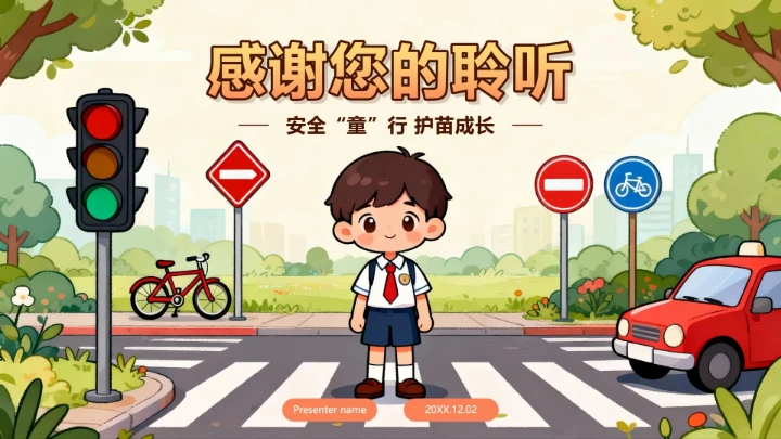手绘卡通插画风交通安全日科普主题班会PPT模板