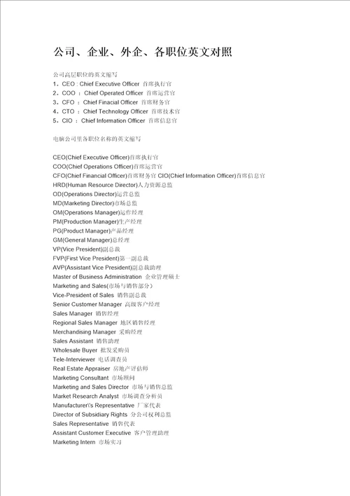 公司、企业、外企、各职位英文对照