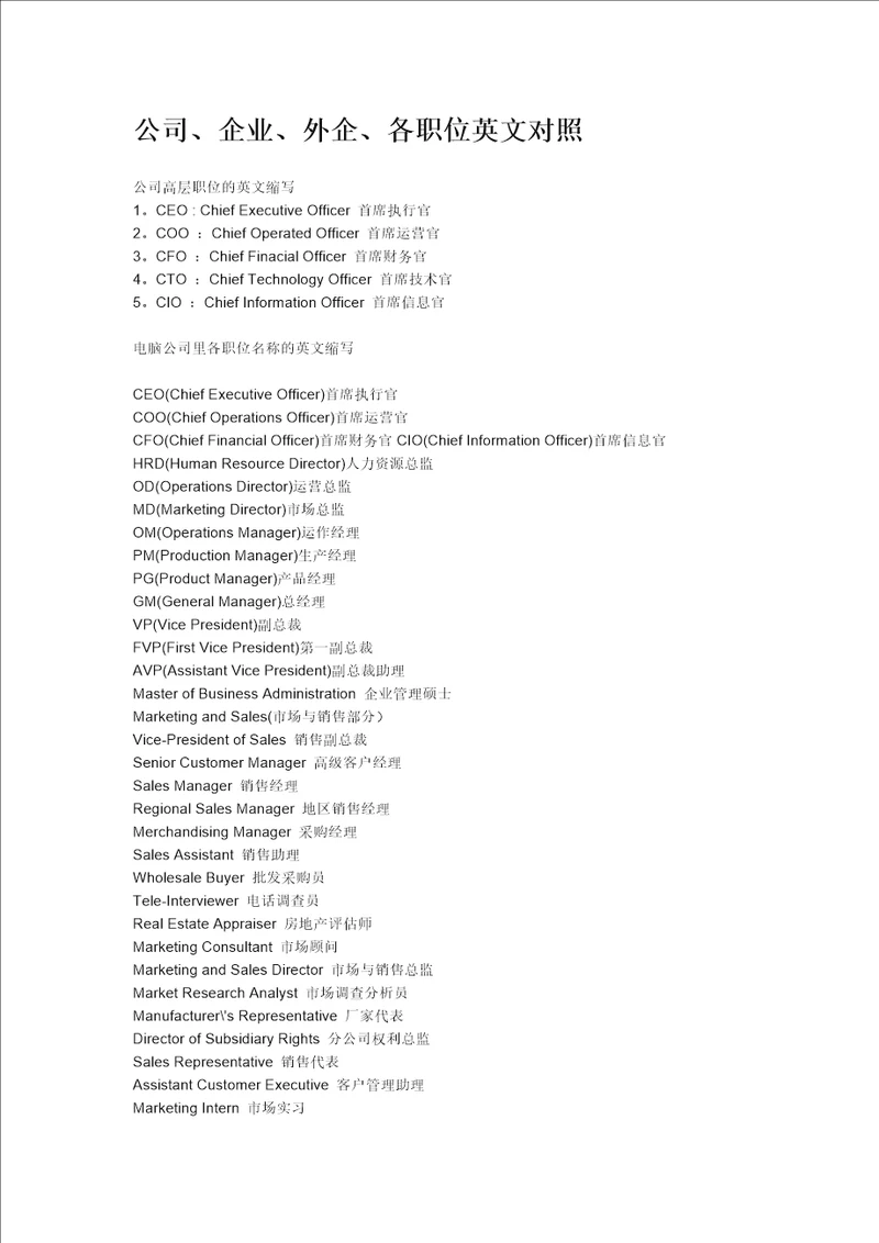 公司、企业、外企、各职位英文对照