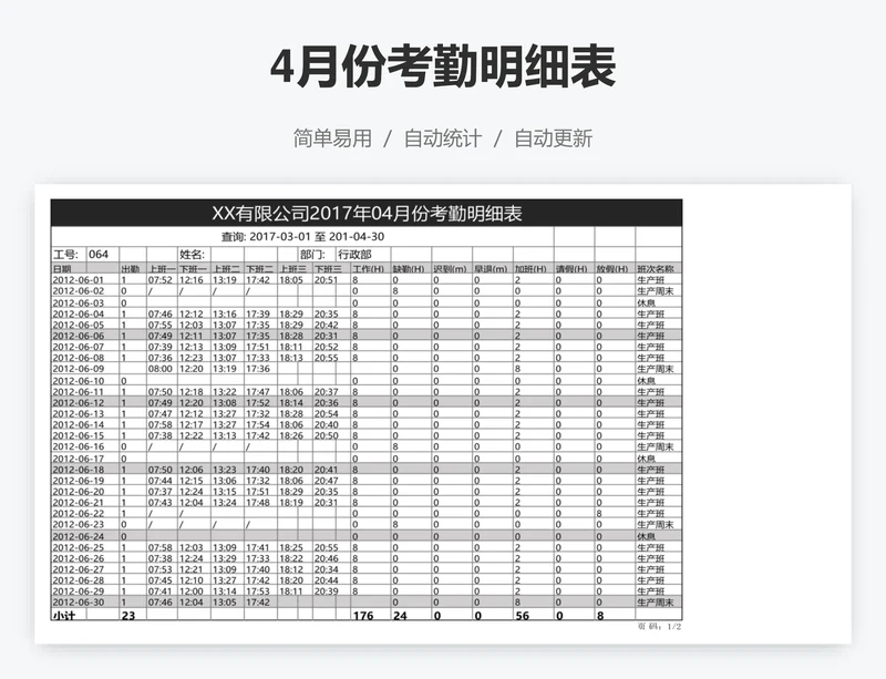 4月份考勤明细表