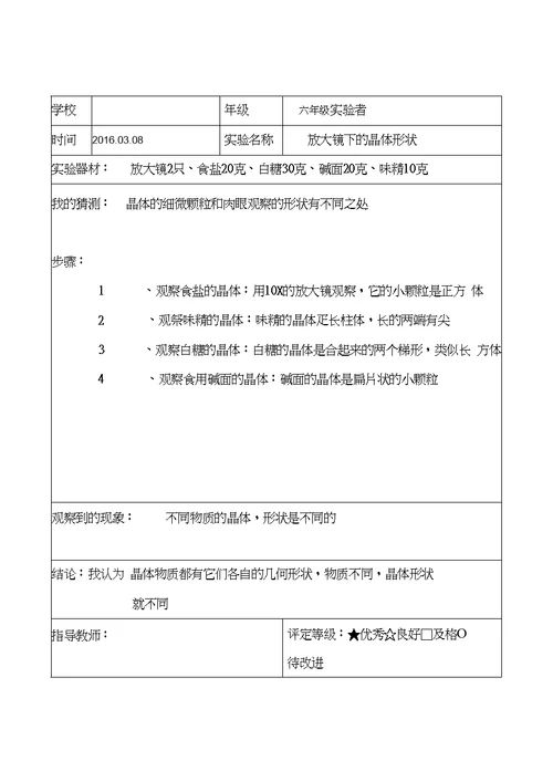 教科版六年级科学下册实验报告单(全)