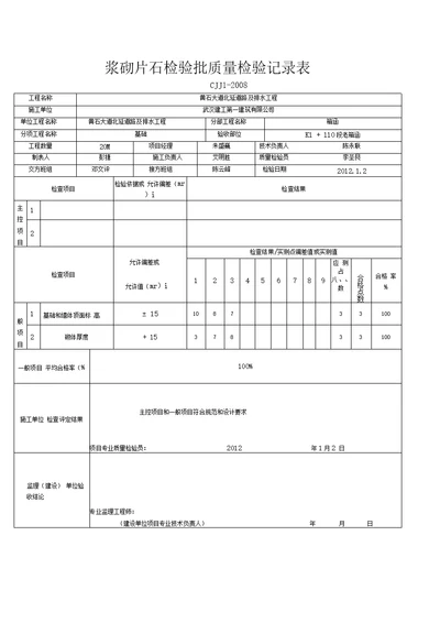 浆砌片石施工检验批质量检验记录表