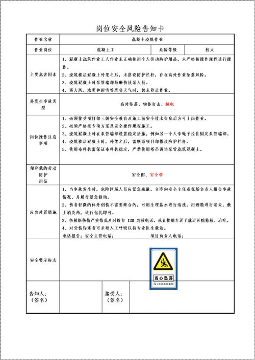 建筑施工项目部主要岗位安全风险告知书参考模板范本