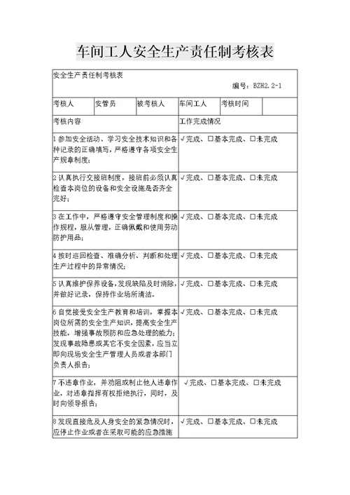 安全生产领导小组组长车间主任工人生产部经理安全生产责任制考核表模板范例