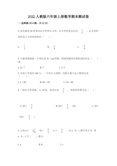 2022人教版六年级上册数学期末测试卷a4版可打印.docx