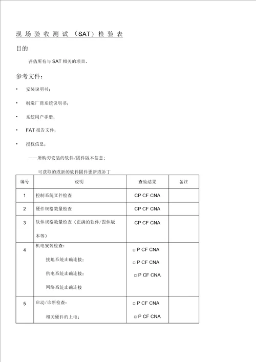 现场验收测试SAT检验表格模板