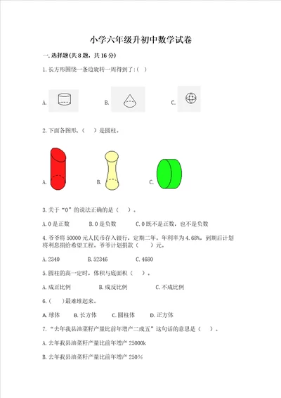 小学六年级升初中数学试卷综合卷