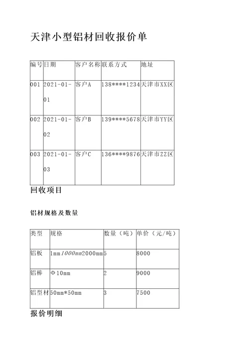 天津小型铝材回收报价单