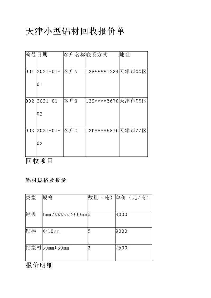 天津小型铝材回收报价单